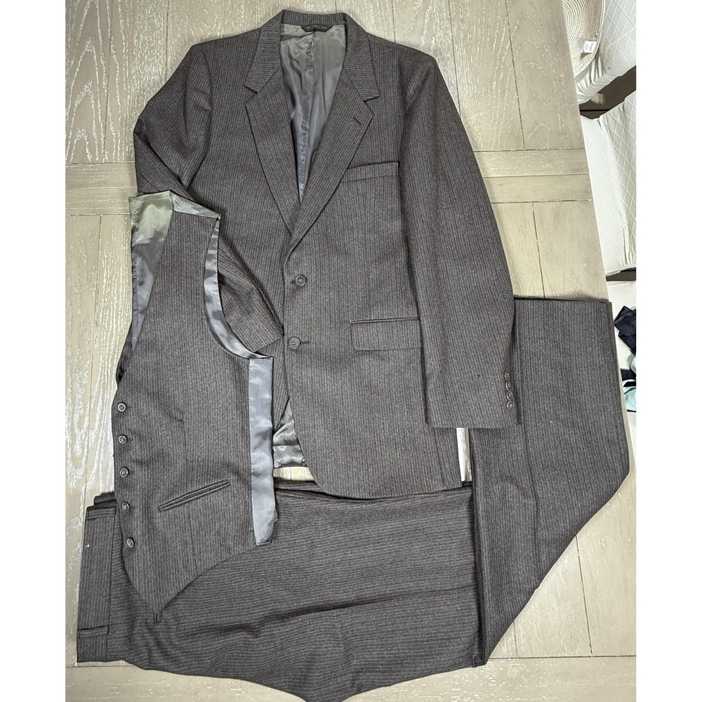 Daniel Hechter Suit Mens 44L Brown‎ Striped Wool 3 Piece Vest Pants Classic